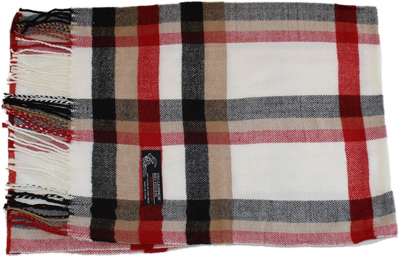 VERONZ Soft Classic Cashmere Feel Winter Scarf, White/Red Plaid - Image 2